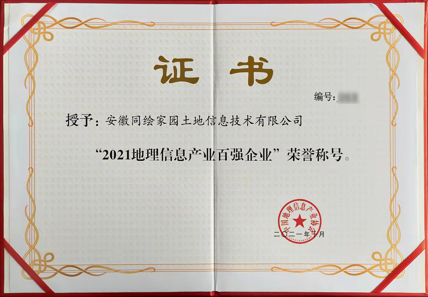 2021中国地理信息产业百强企业证书 